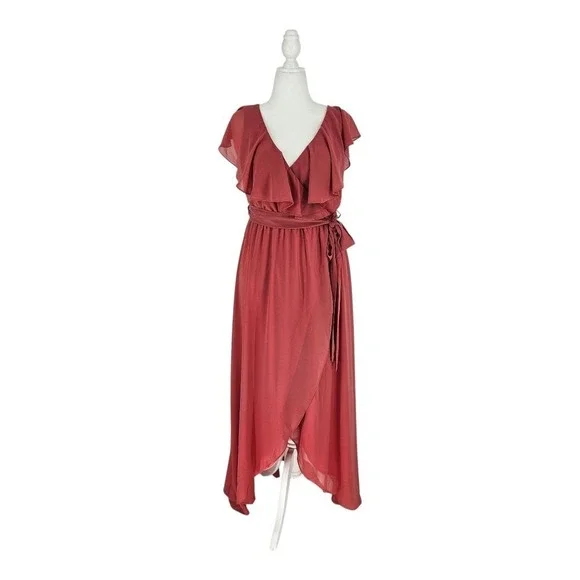 Baltic Born Katya Rosewood Ruffle Chiffon Faux Wrap Maxi Dress Womens Sz XL  NEW
